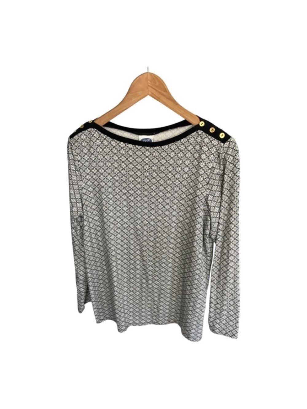 Long Sleeve Black & White Geometric Crewneck Top Shoulder Buttons